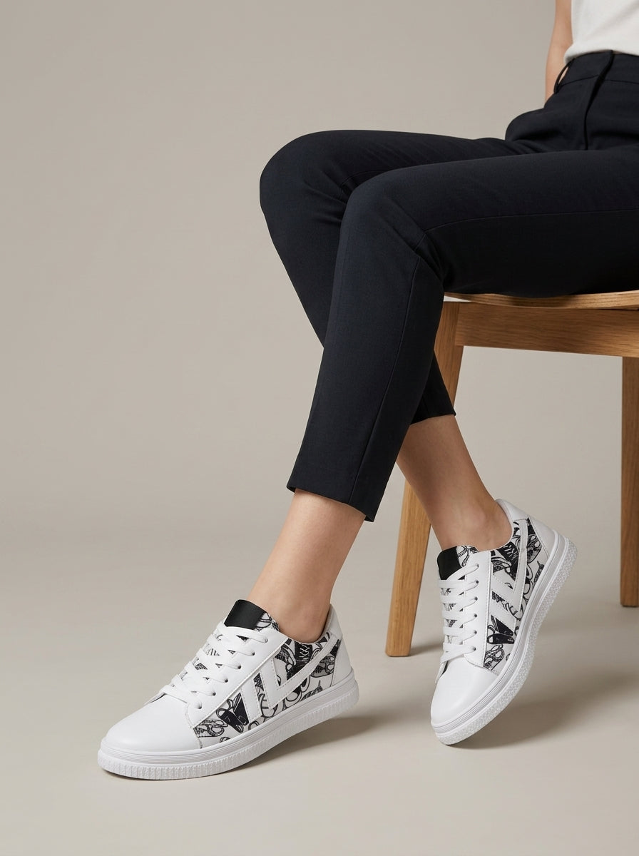 Women's Low-Top Sneakers - Lace-Up - Newspaper Print - Flat Sole