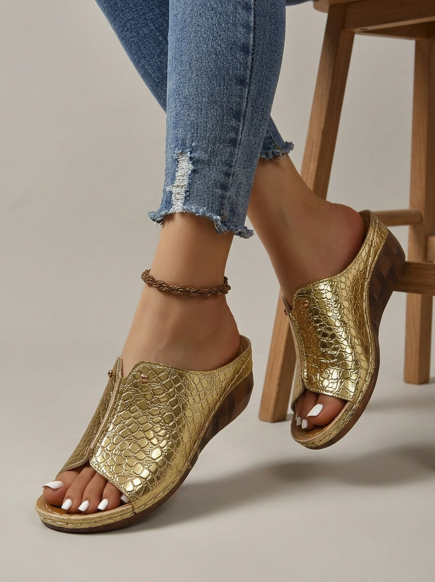 Women's Textured Wedge Sandals - Open-Toe Slip-On Platform