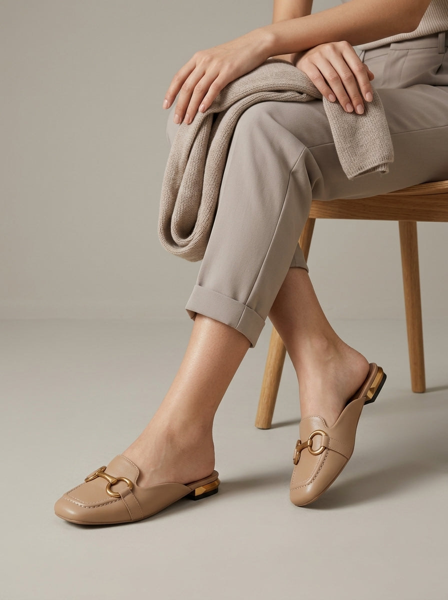 Women's Square Toe Mule Loafers with Horsebit Buckle and Low Heel