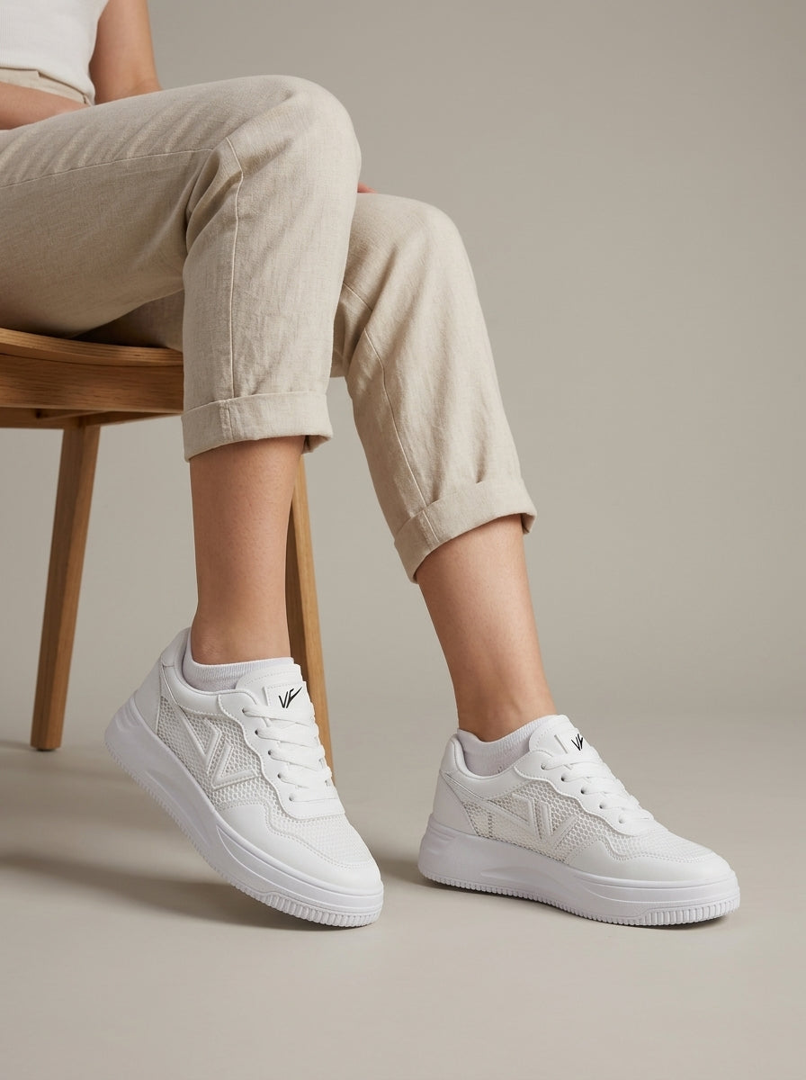 Women's Low-Top Mesh Platform Sneakers - Lace-Up - Logo Detail