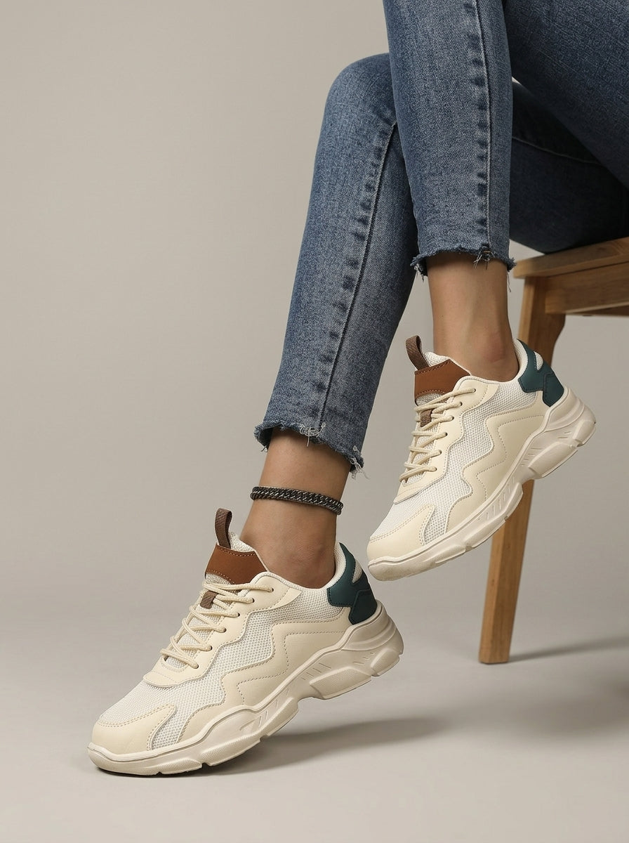 Women's Low-Top Lace-Up Sneakers - Mesh Upper - Chunky Sole