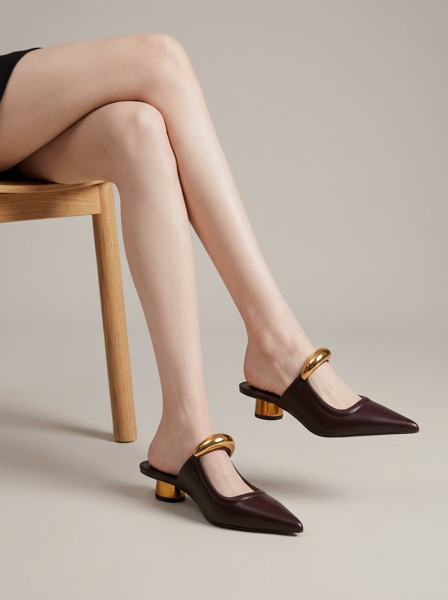 Women's Mules - Sculptural Bar Detail with Low Cylinder Heel