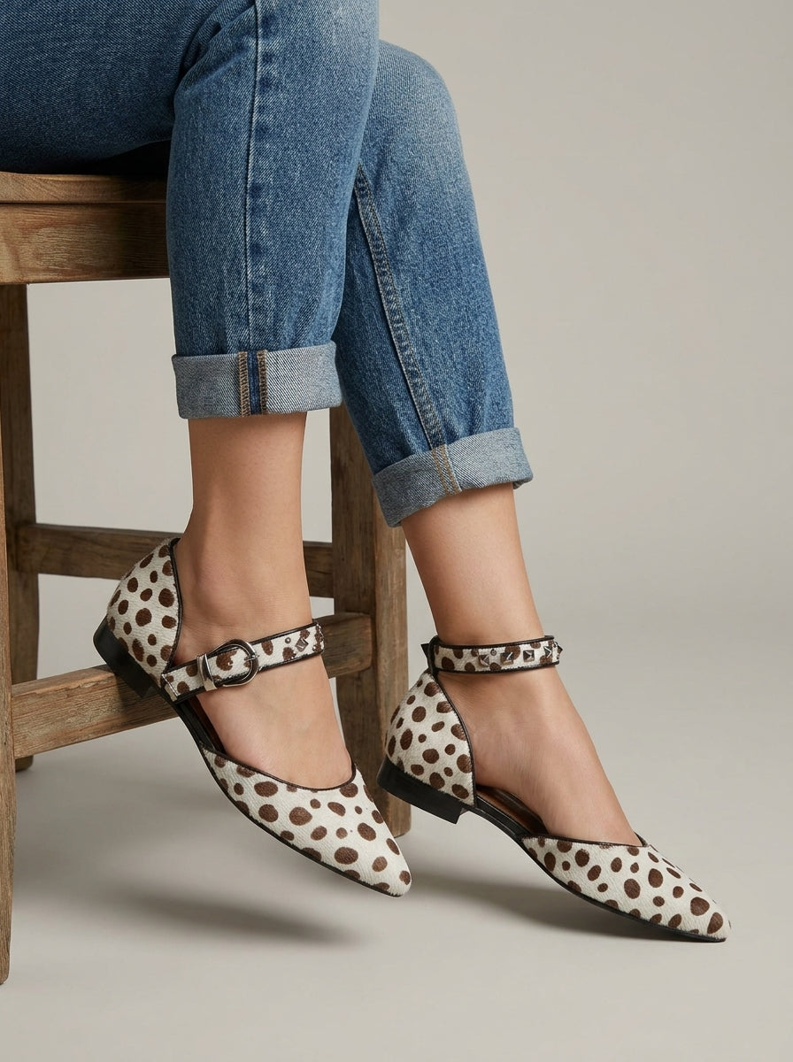 Women's Flats Pointed-Toe Animal Print Studded Ankle Strap