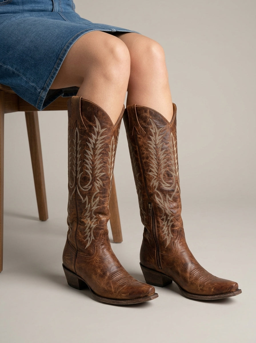 Women's Boots Over-the-Knee Embroidered Lace-Up Back Western