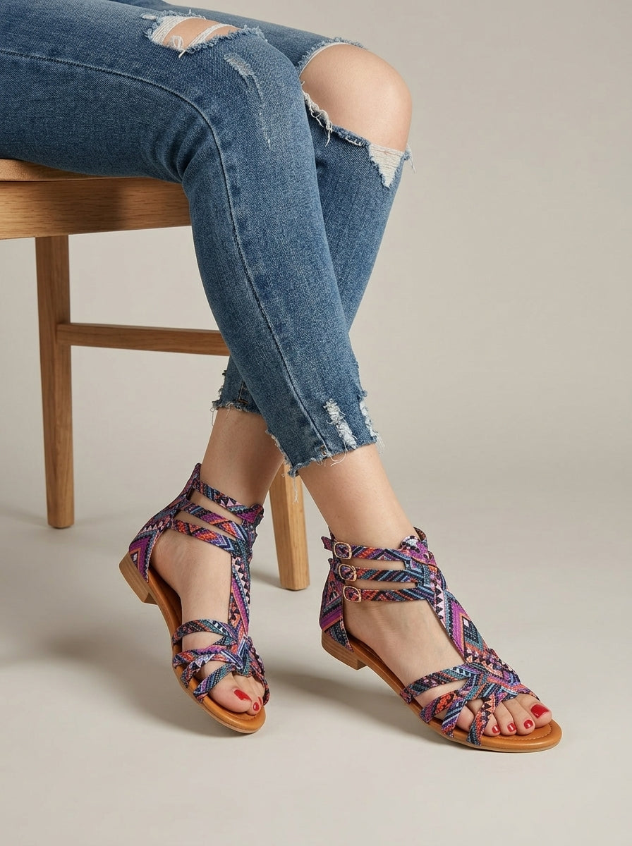 Women's Flat Sandals T-Strap Open Toe Printed Fabric Upper