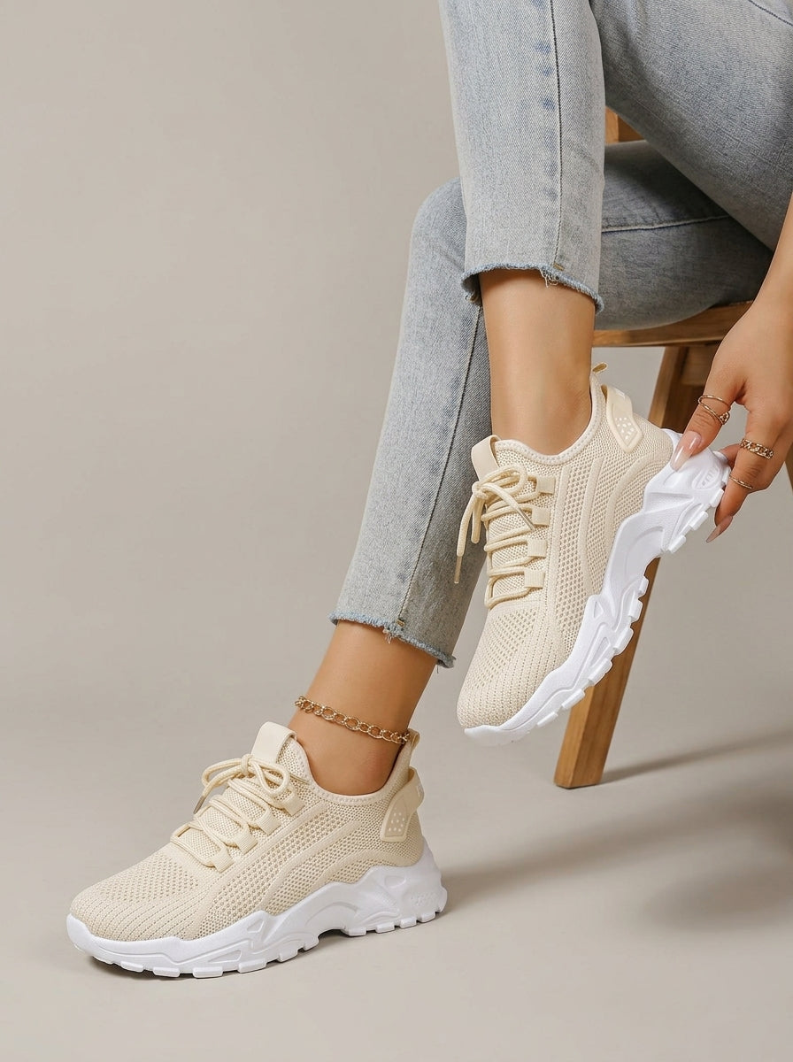Women's Chunky Knit Sneakers with Lace-Up Closure and Lugged Sole