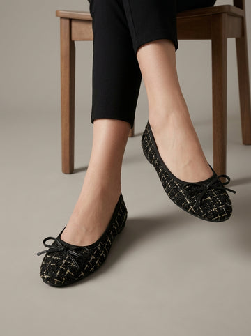Women's Tweed Ballet Flats with Square Toe and Bow Detail Slip-On