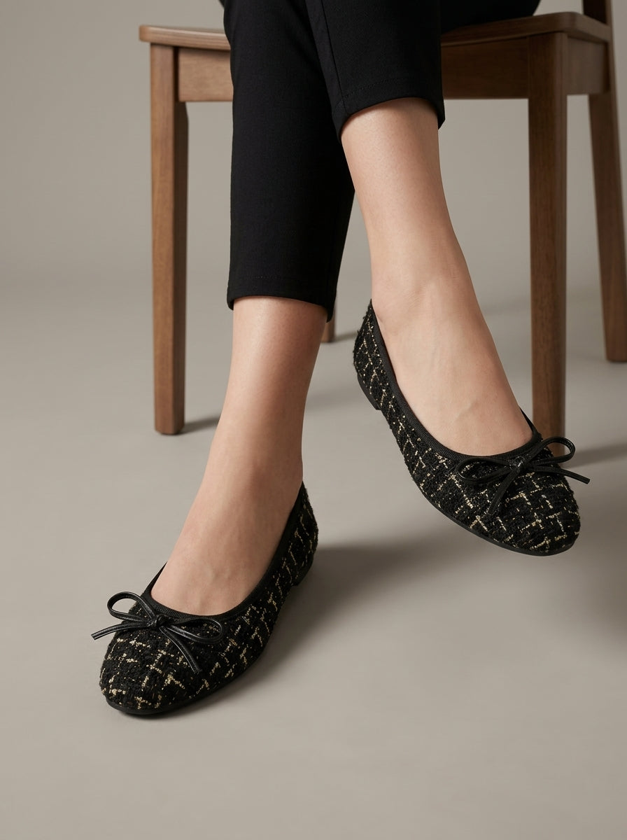 Women's Tweed Ballet Flats with Square Toe and Bow Detail Slip-On
