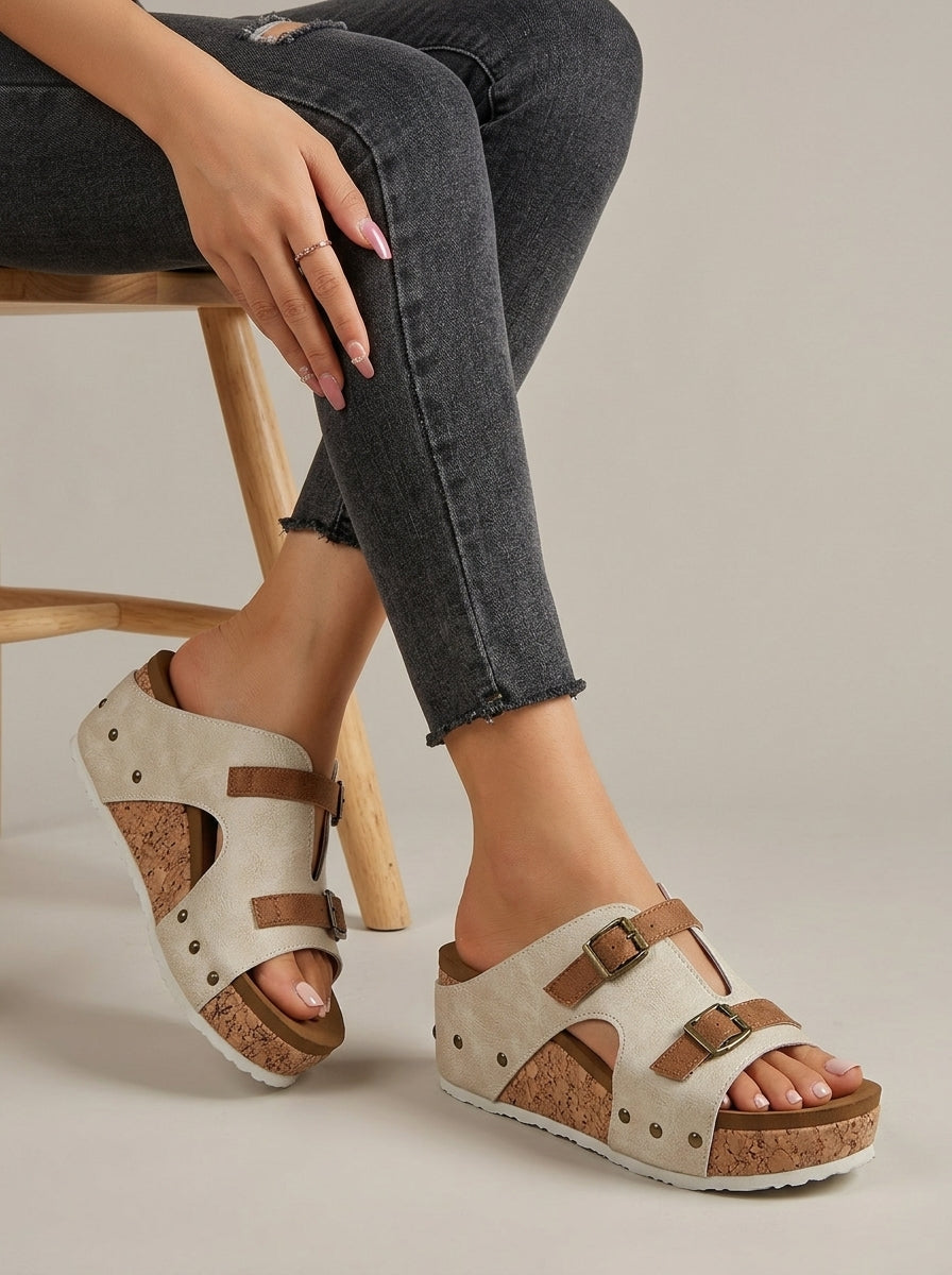 Women's Platform Sandals Cork Wedge Buckle Straps Open-Toe