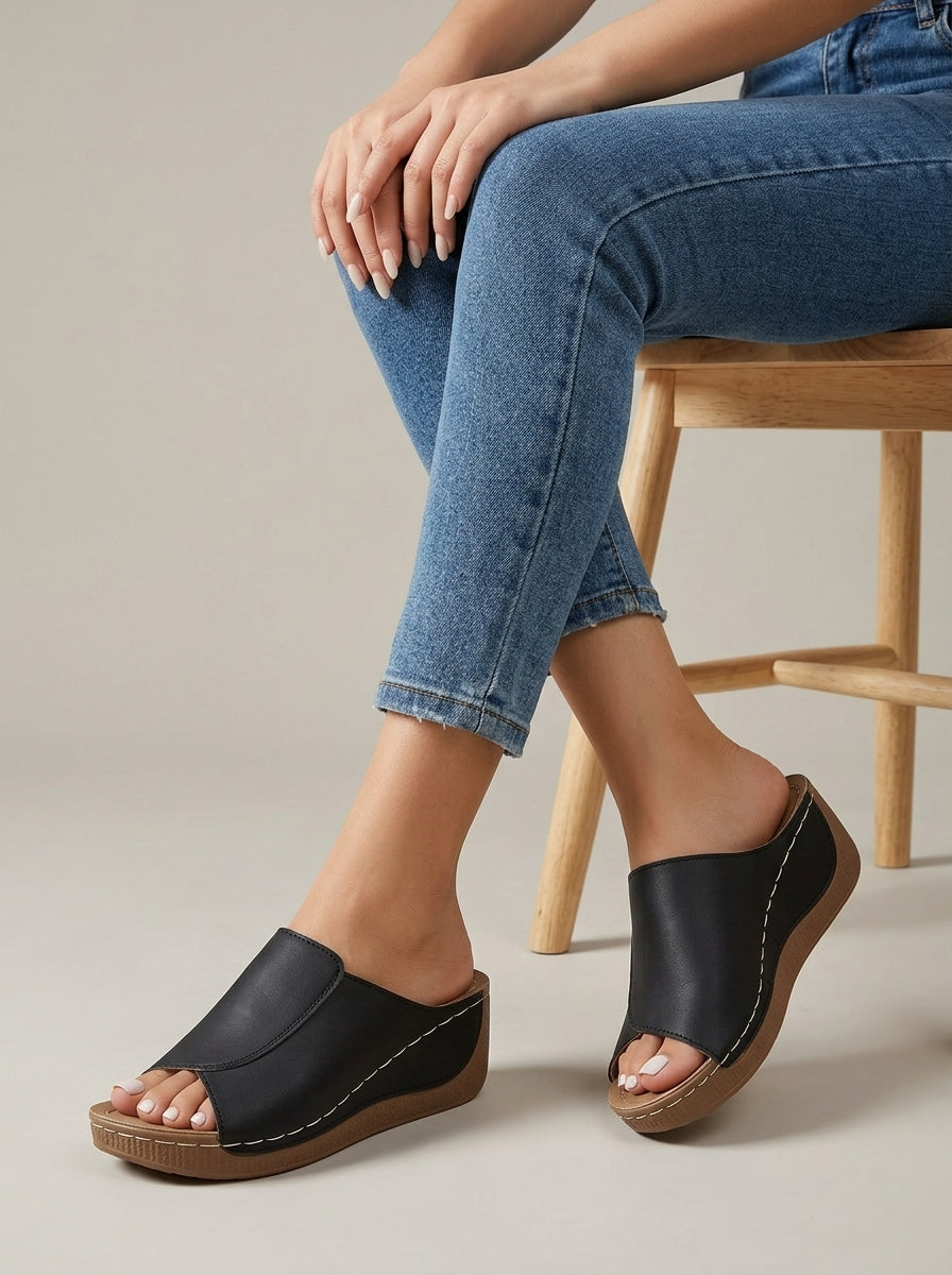 Women's Platform Sandals Open-Toe Slip-On Wide Strap Slides