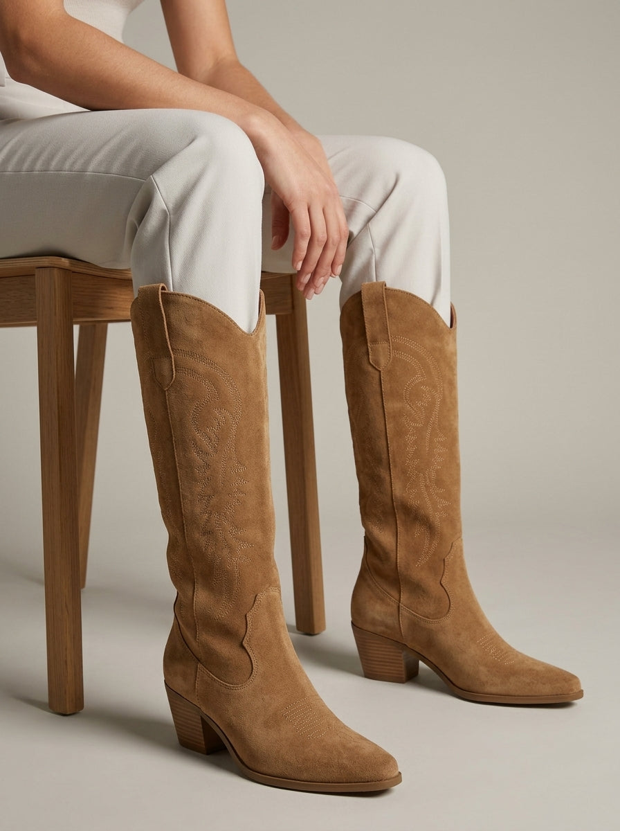 Women's Knee High Boots - Block Heel - Western Stitch Detail