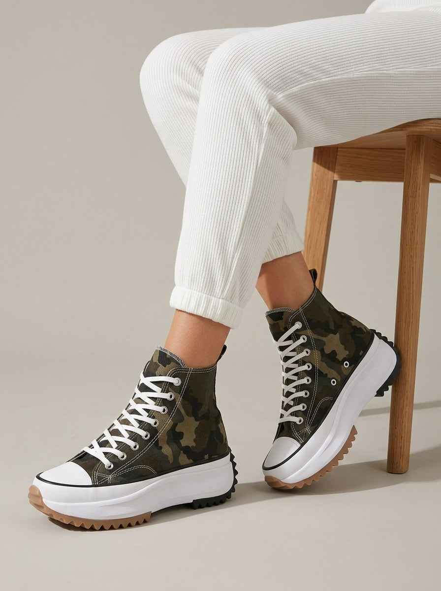 Women's Platform High Top Sneakers – Lace-Up Canvas - Serrated Sole