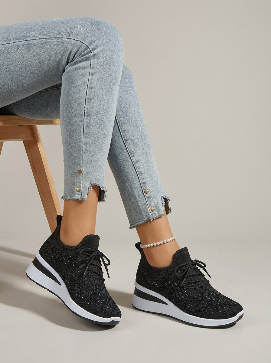 Women's Knit Lace-Up Sneakers - Rhinestone Detail With Wedge Sole