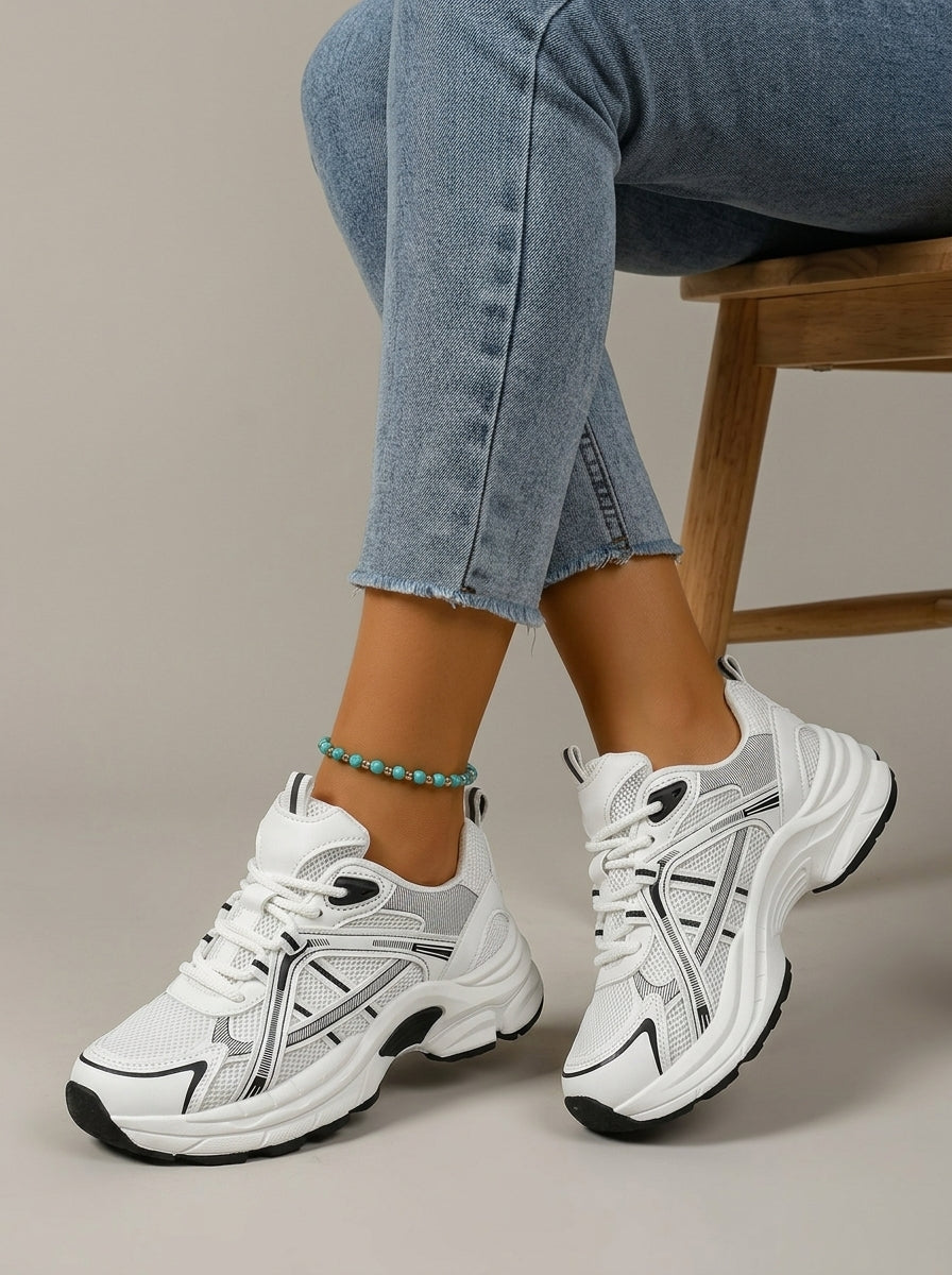 Women's Chunky Sneakers – Lace-Up Low Top with Mesh Upper - Platform Sole