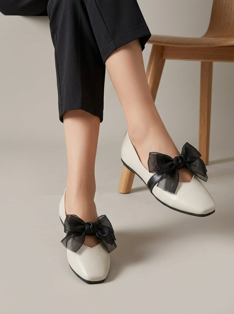 Women's Square Toe Ballet Flats with Mesh Bow and Contrast Strap Detail