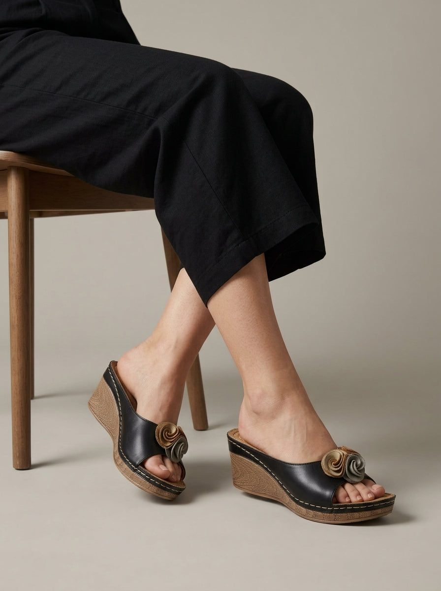 Women's Wedge Sandals Open-Toe Leather Rosette Detail