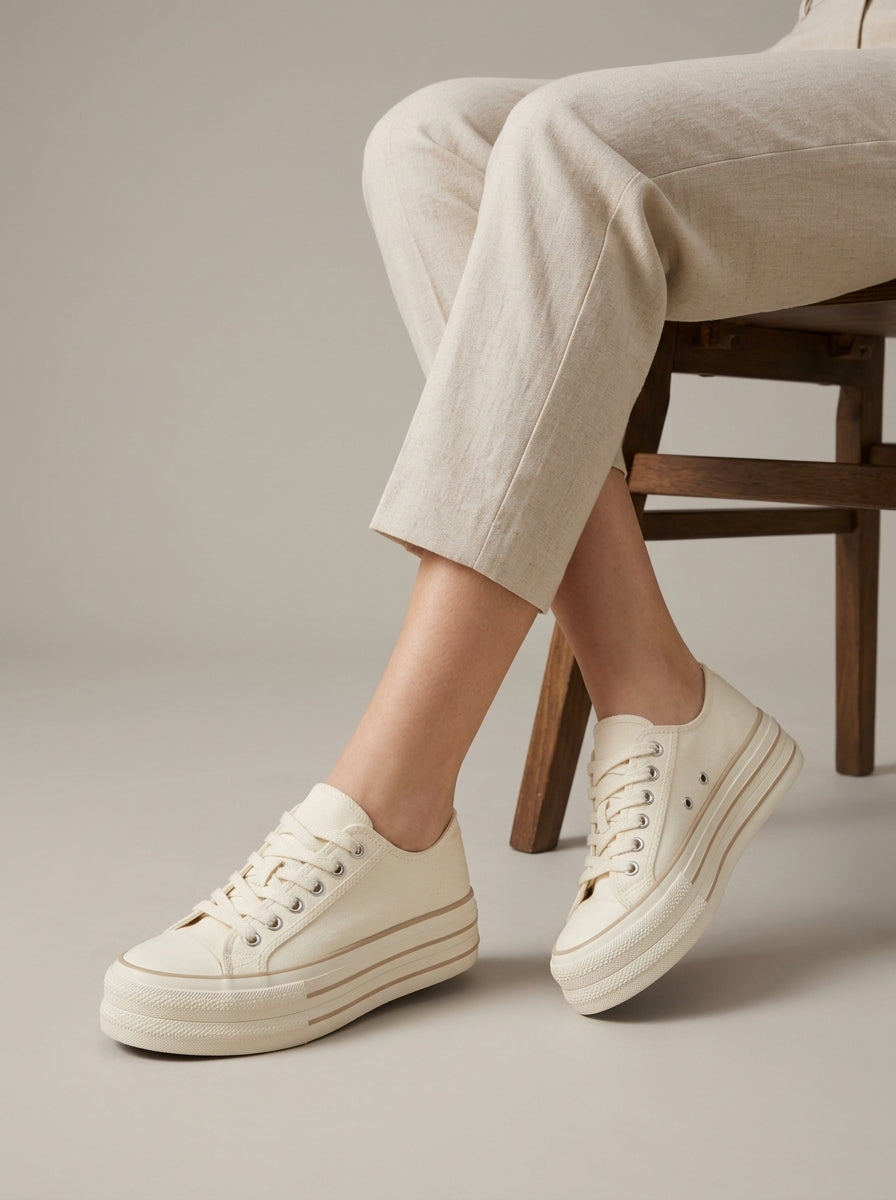 Women's Platform Sneakers Satin Ribbon Laces Layered Sole