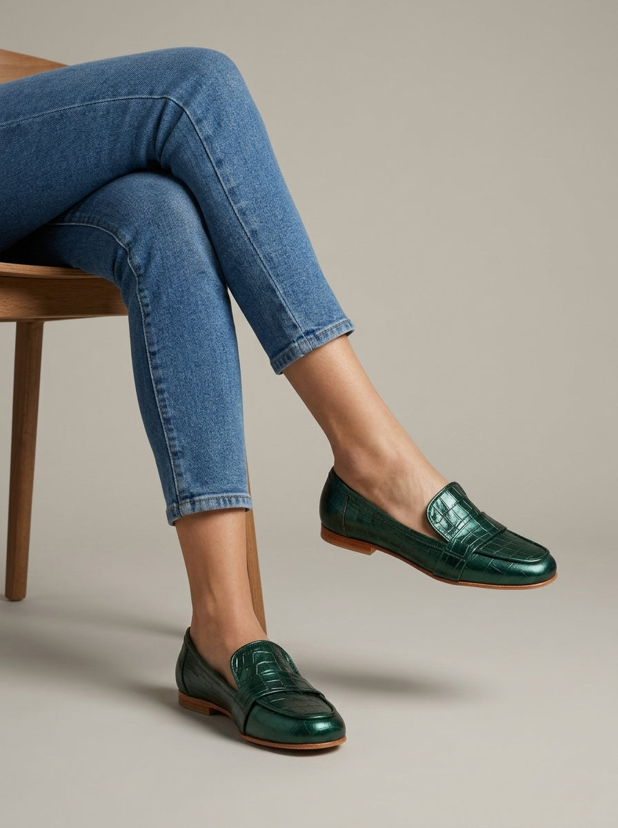 Women's Green Leather Loafers - Penny Loafers - Croc Embossed - Flat