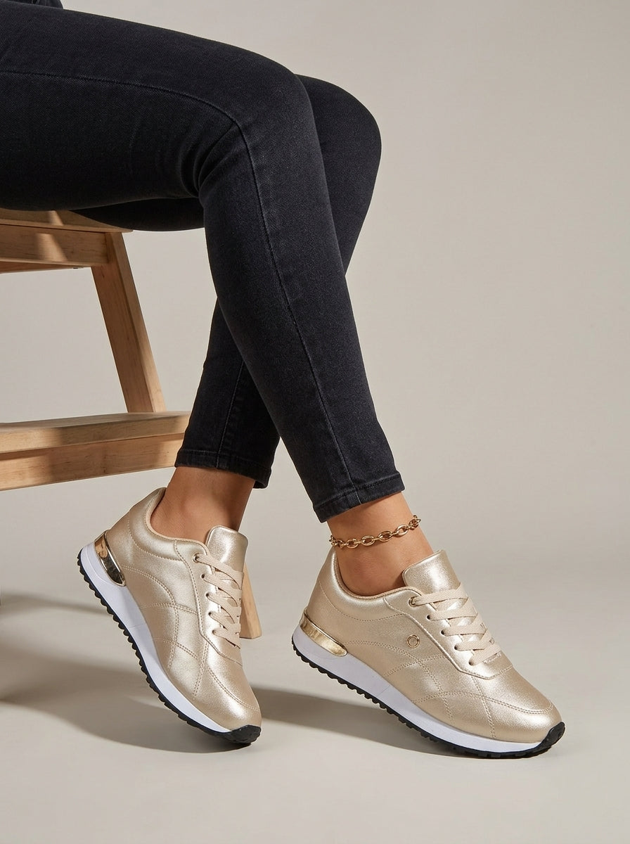 Women's Lace-Up Low-Top Sneakers with Smooth Upper and Metallic Heel Trim