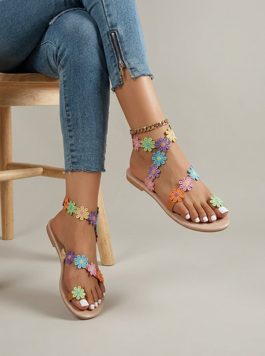 Women's Flat Toe Ring Sandals with Floral Appliqué Ankle Strap Detail