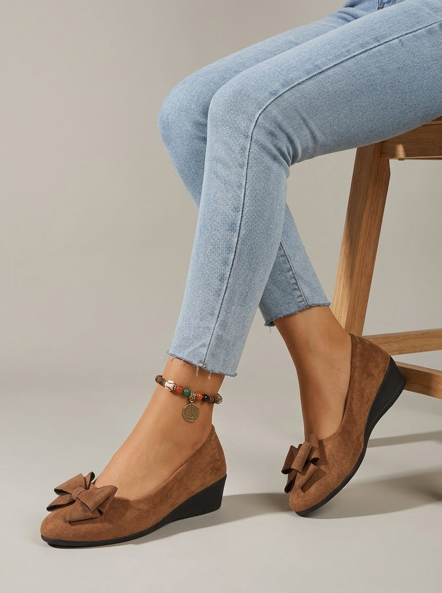 Women's Wedge Flats Round Toe Slip-On Loafers with Bow Detail