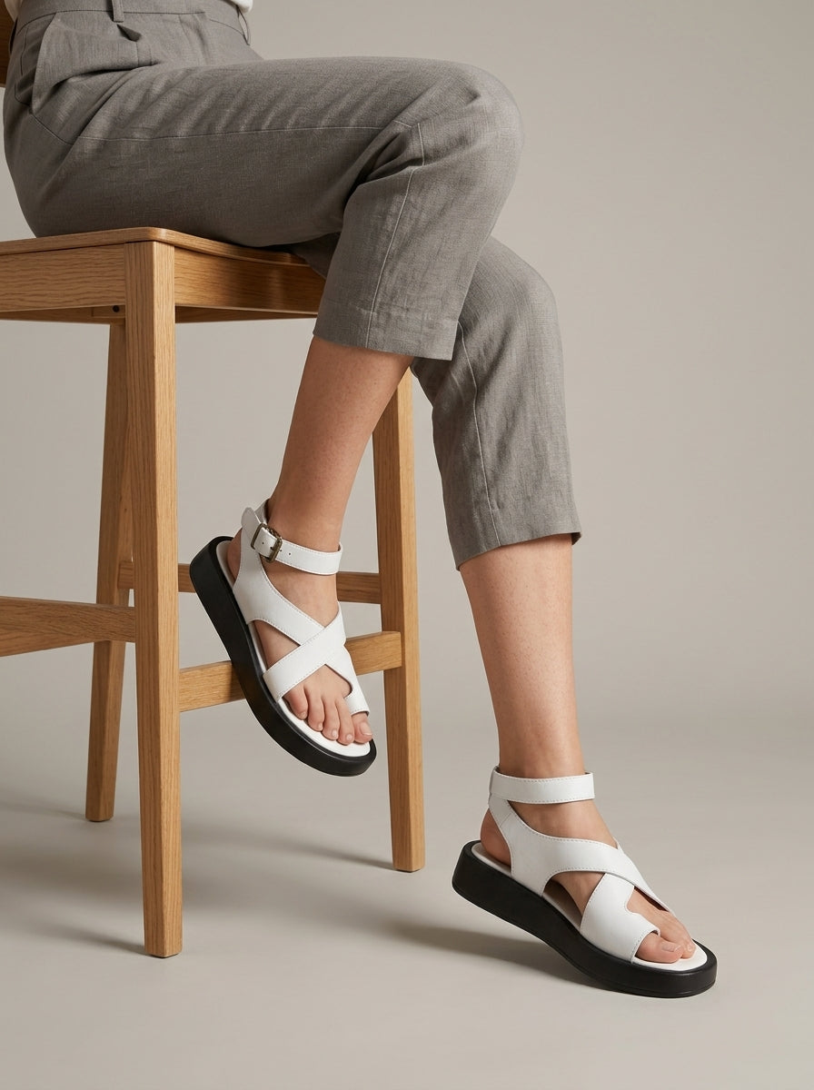 Women's Platform Sandals Cross-Over Straps Ankle Buckle Toe Loop