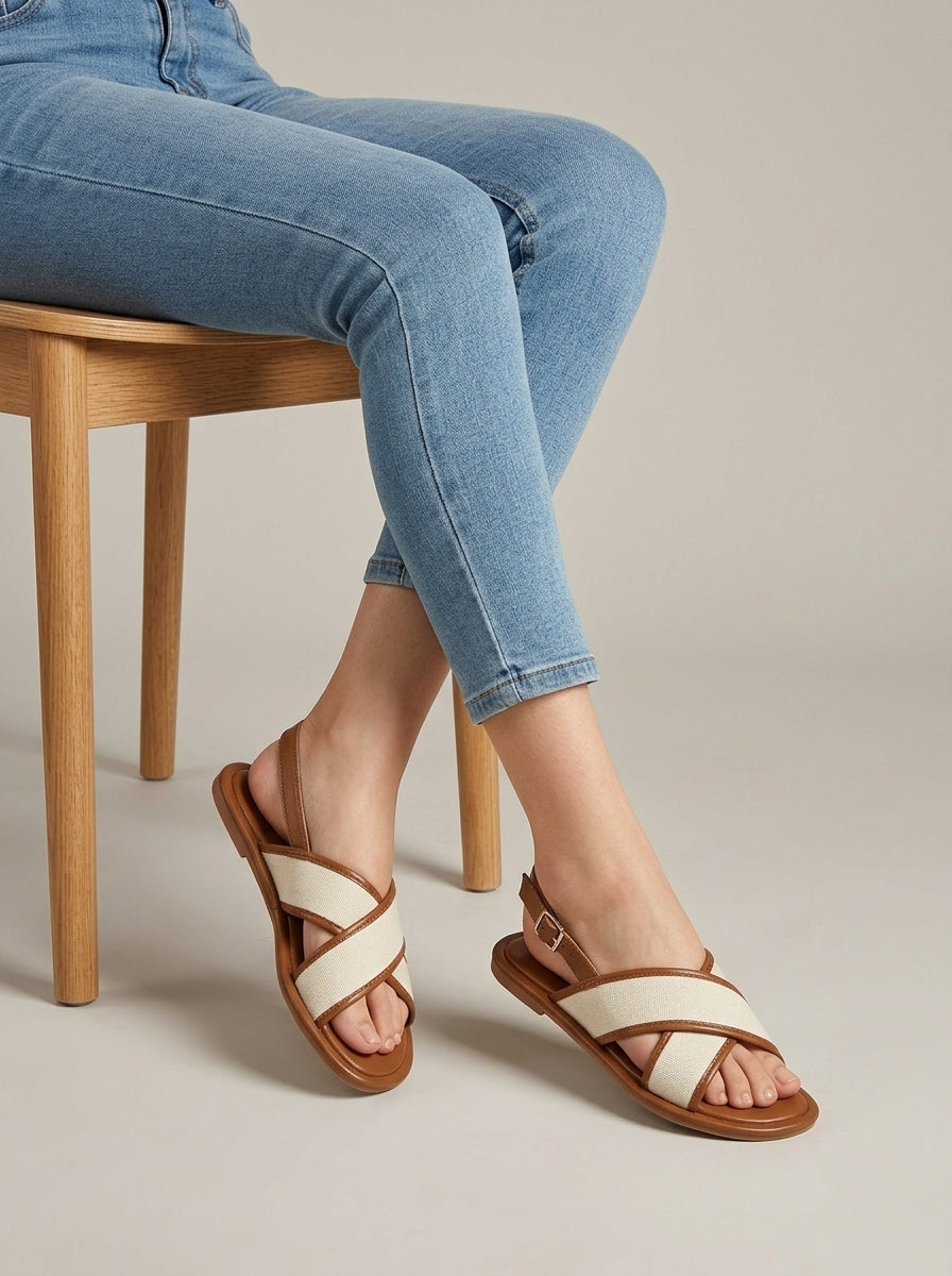 Women's Sandals Canvas Crossover Strap Buckle Ankle Closure Flat