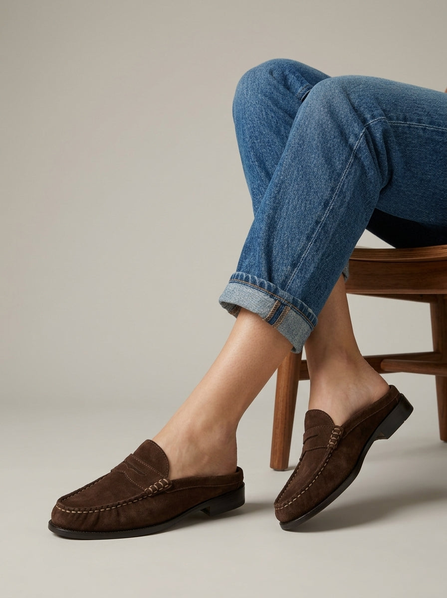 Women's Penny Loafers - Suede - Moccasin Stitching - Slip-On