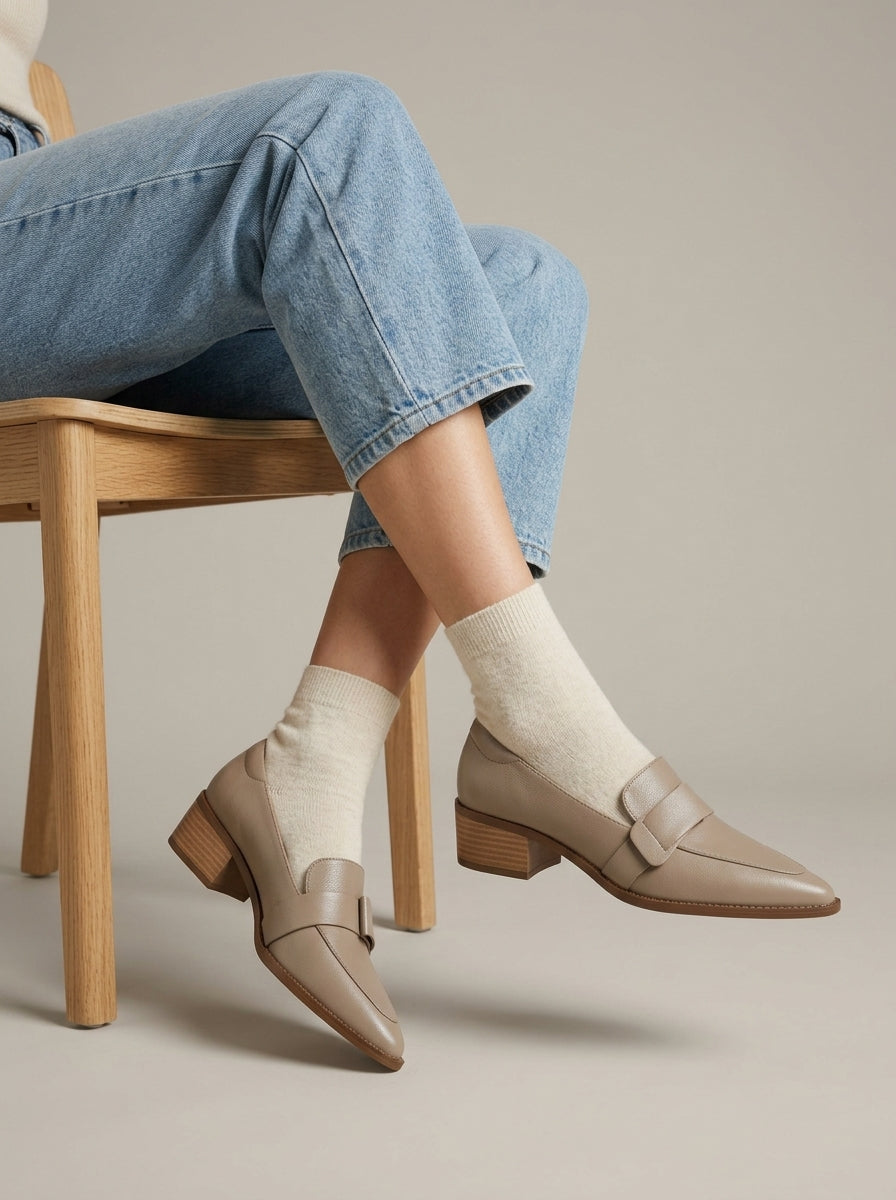 Women's Pointed Toe Sheepskin Loafers with Chunky Heel