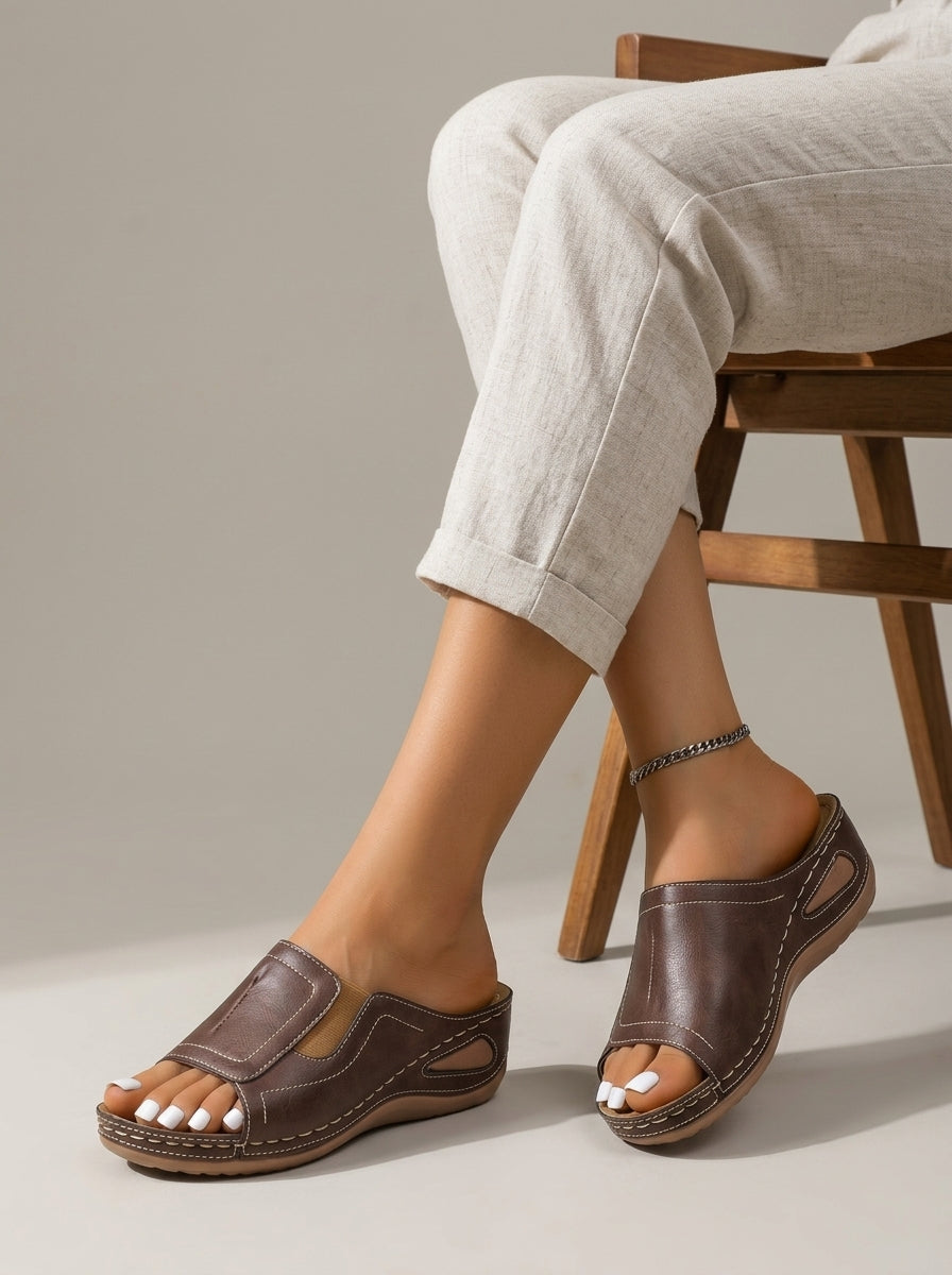 Women's Wedge Sandals - Open Toe Slide with Topstitch Detail and Cutouts