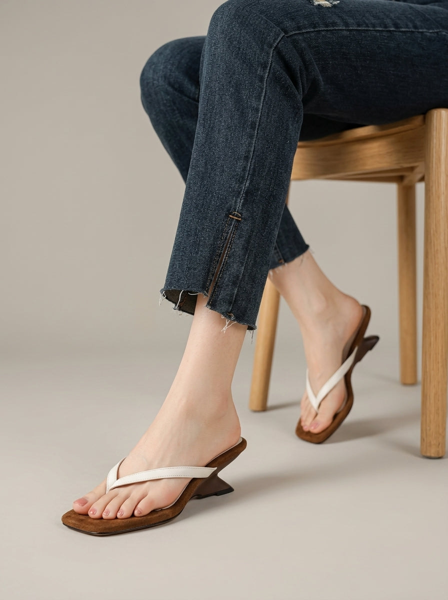 Women's Heeled Thong Sandals - Synthetic Upper - Rubber Sole