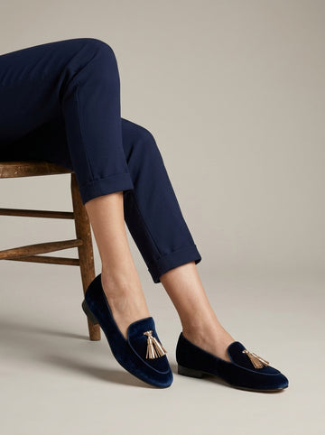 Women's Navy Blue Velvet Tassel Loafers - Flat - Slip On