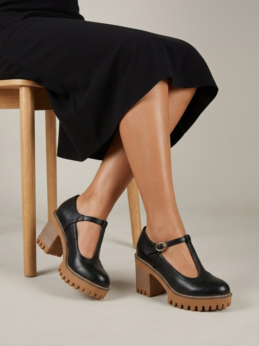 Women's Heels T-Bar Block Heel Brogue Leather Oxford Style
