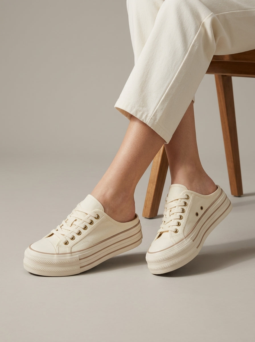 Women's Platform Sneakers Satin Ribbon Laces Layered Sole