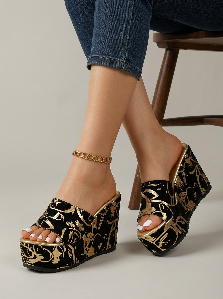 Women's Wedge Sandals Open-Toe Platform Graphic Print Slip-On