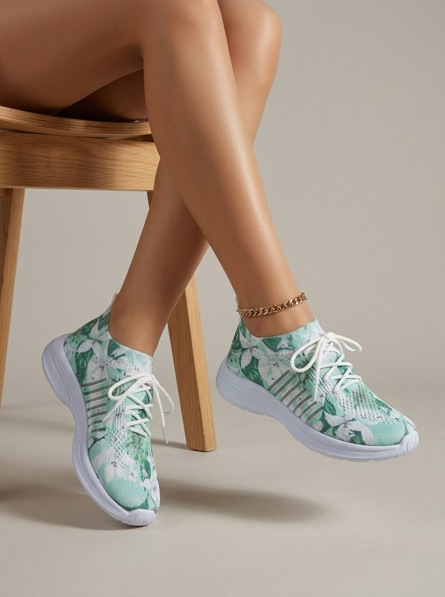Women's Sneakers - Floral Print Mesh Upper - Lace-Up - Cushioned Sole