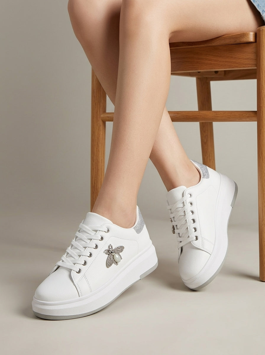 Women's White Platform Sneakers Embroidered Floral Low-Top Lace-Up