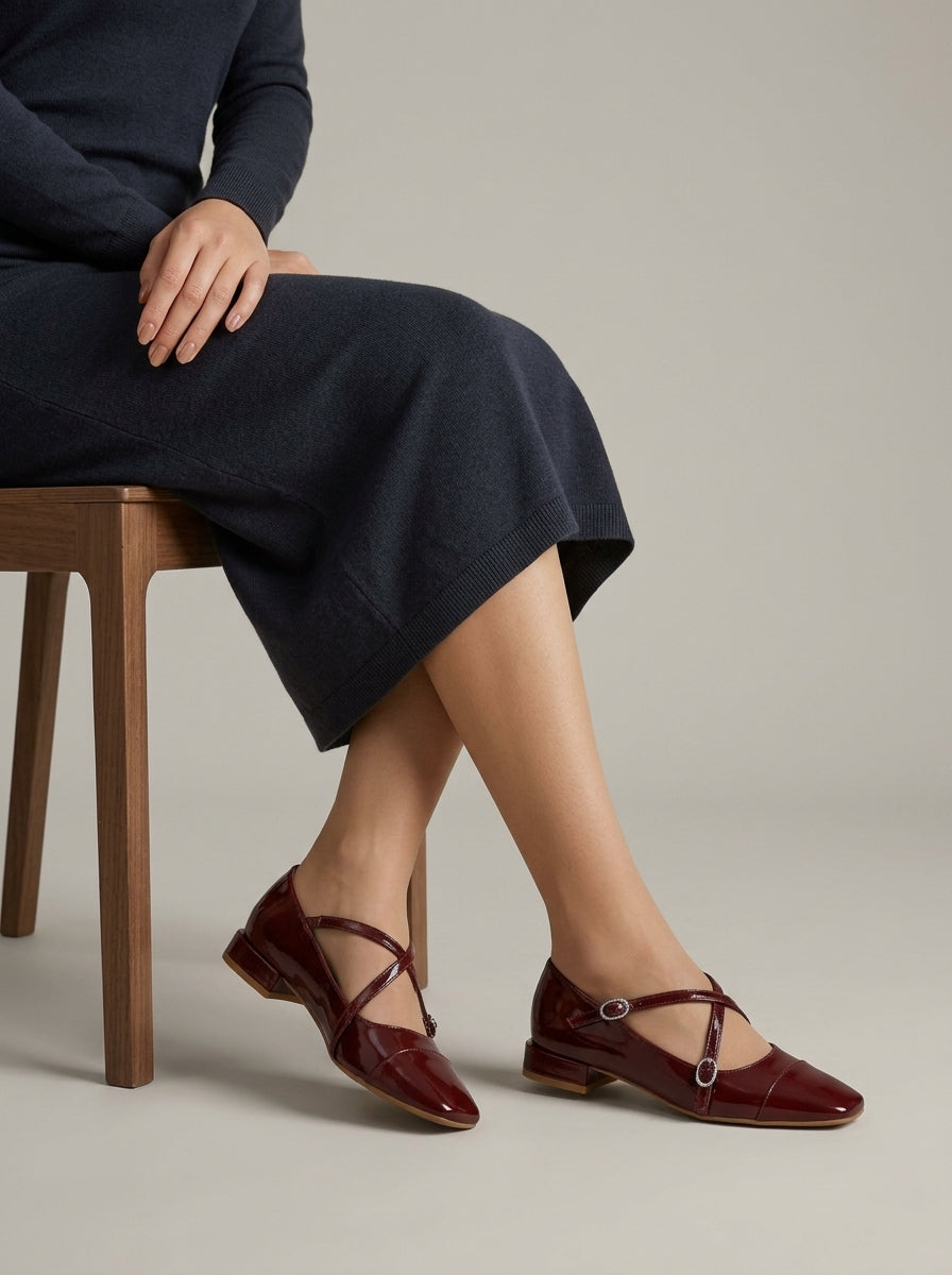 Women's Mary Jane Heels - Cross Strap - Square Toe - Low Block Heel