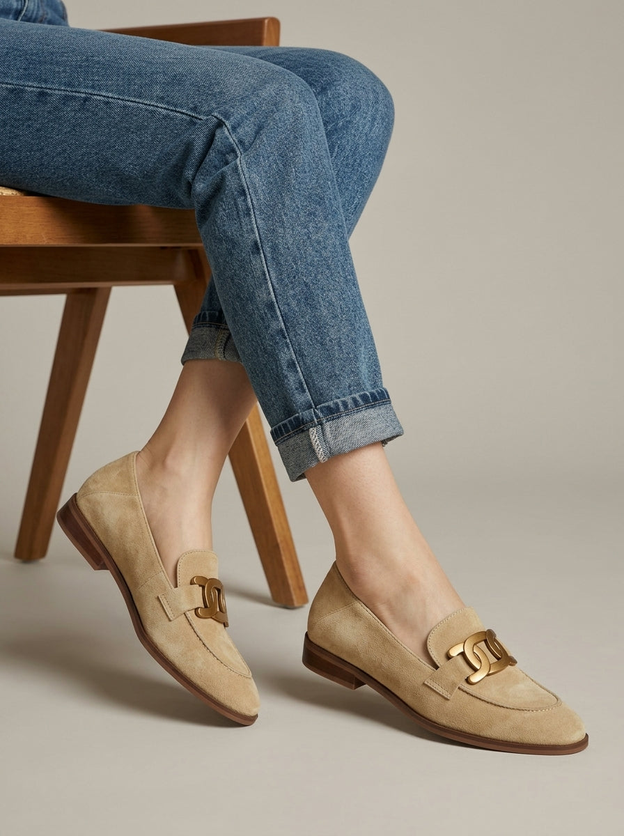 Women's Loafers Chain Detail Slip-On Flat Low Heel Suede