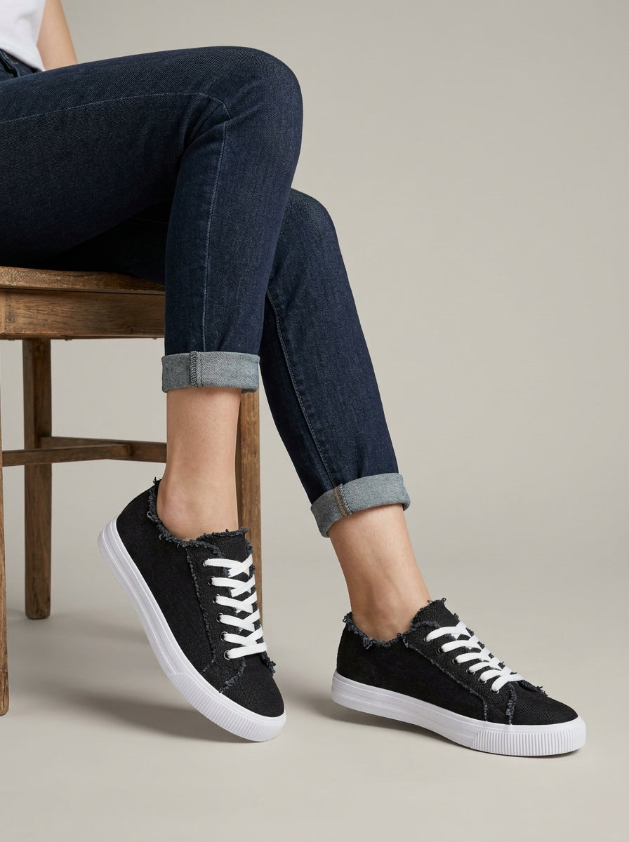 Women's Canvas Sneakers Lace-Up Low-Top Canvas Frayed Edge