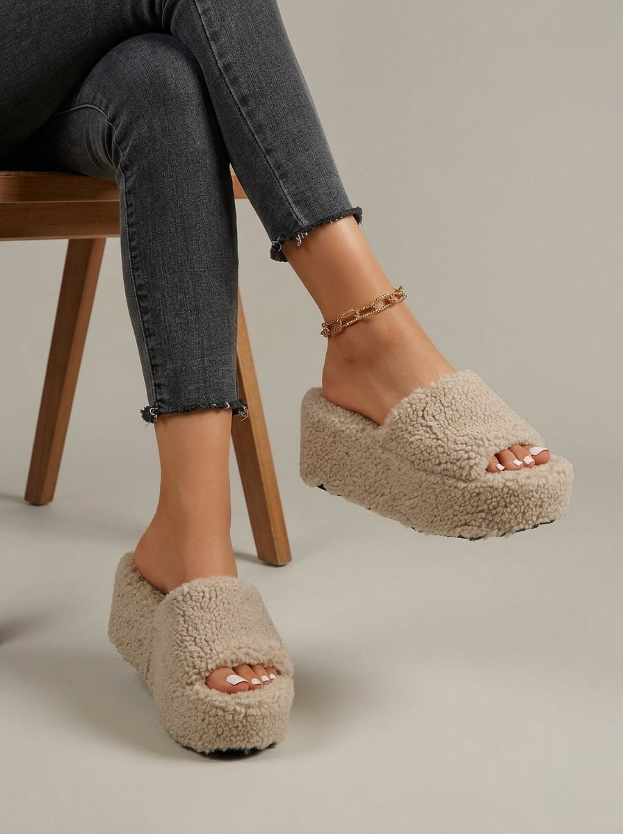 Women's Platform Sandals Open Toe Fuzzy Faux Fur Slip On
