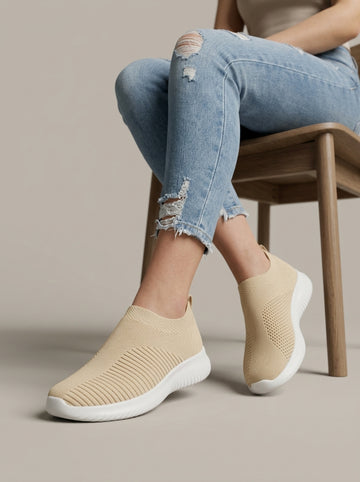 Women's Slip-On Knit Sneakers with Perforated Panel and Round Toe