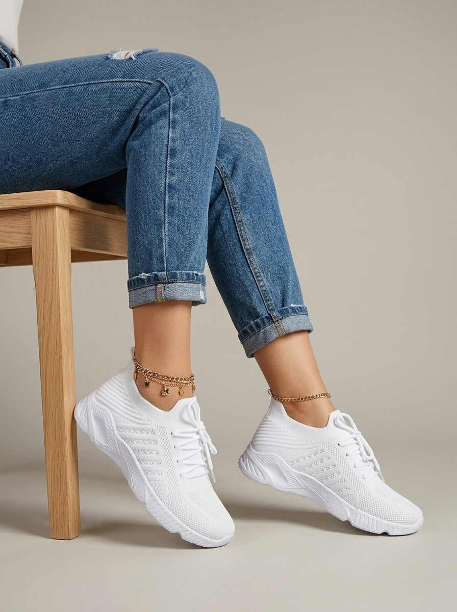 Women's Knit Lace-Up Low-Top Sneakers with Chunky Molded Sole