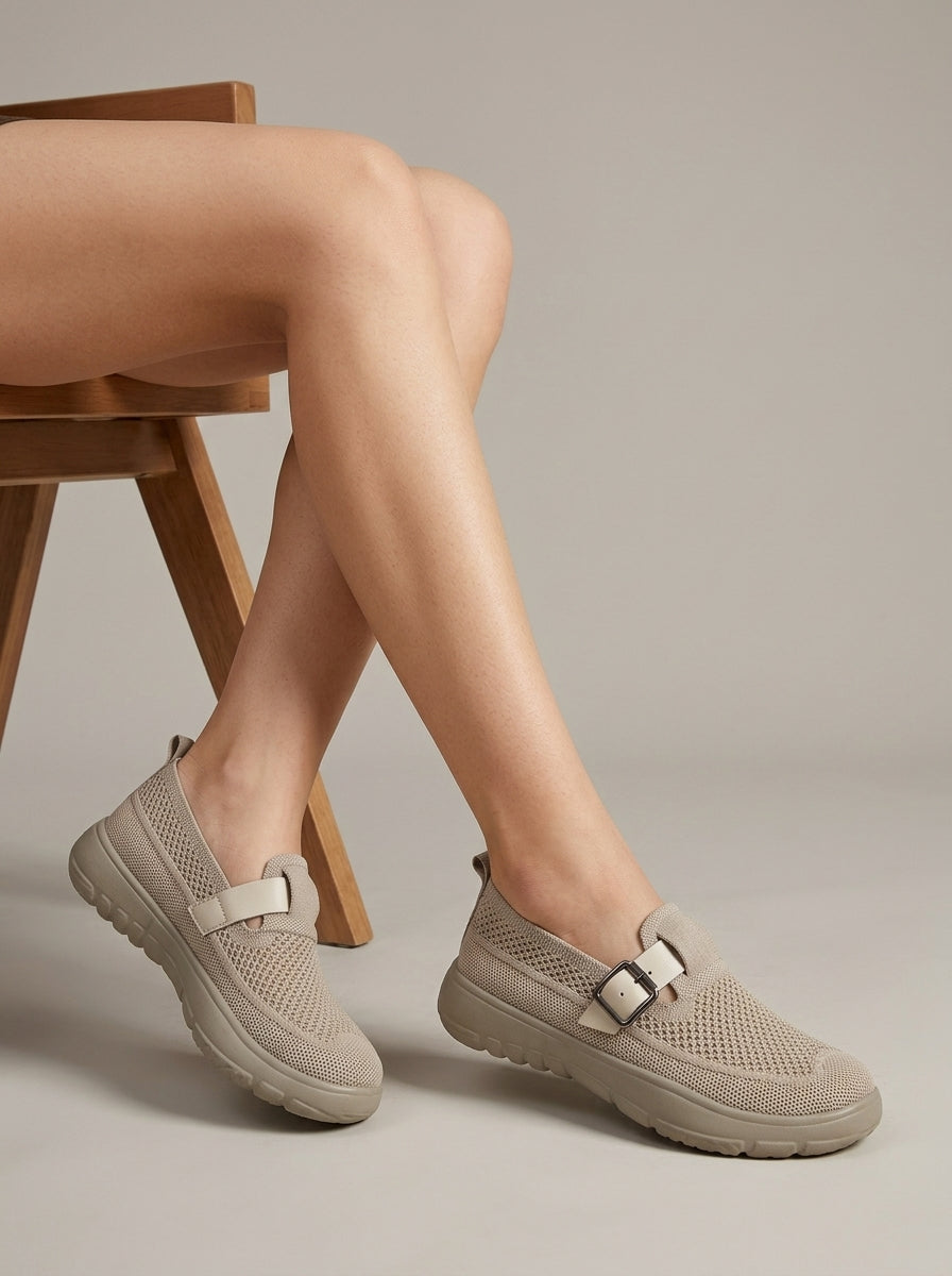 Women's Flats - Mesh Knit Mary Jane Buckle Strap Slip-On