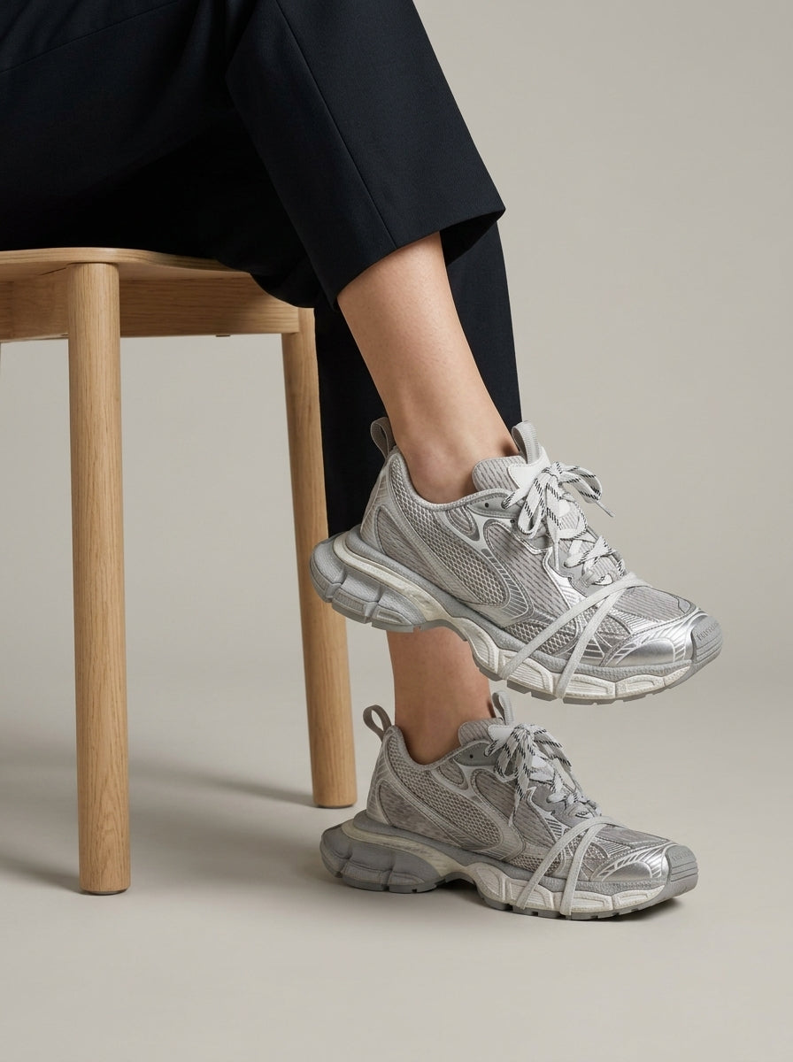 Women's Chunky Lace-Up Sneakers with Layered Mesh and Segmented Sole
