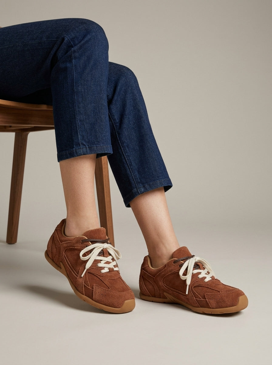 Women's Retro Lace-Up Sneakers - Mixed Material Low-Top