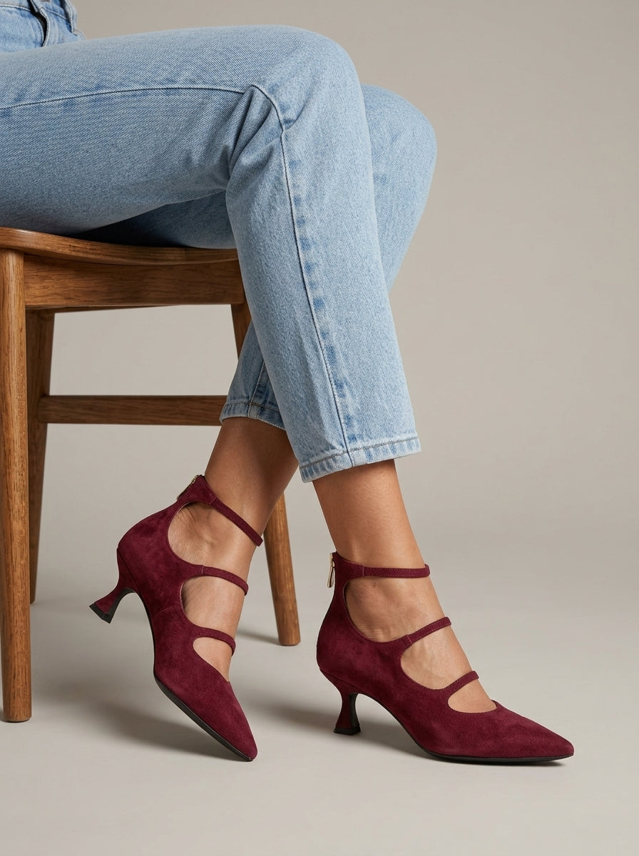 Women's Heels - Pointed Toe - Kitten Heel - Ankle Strap Cutout