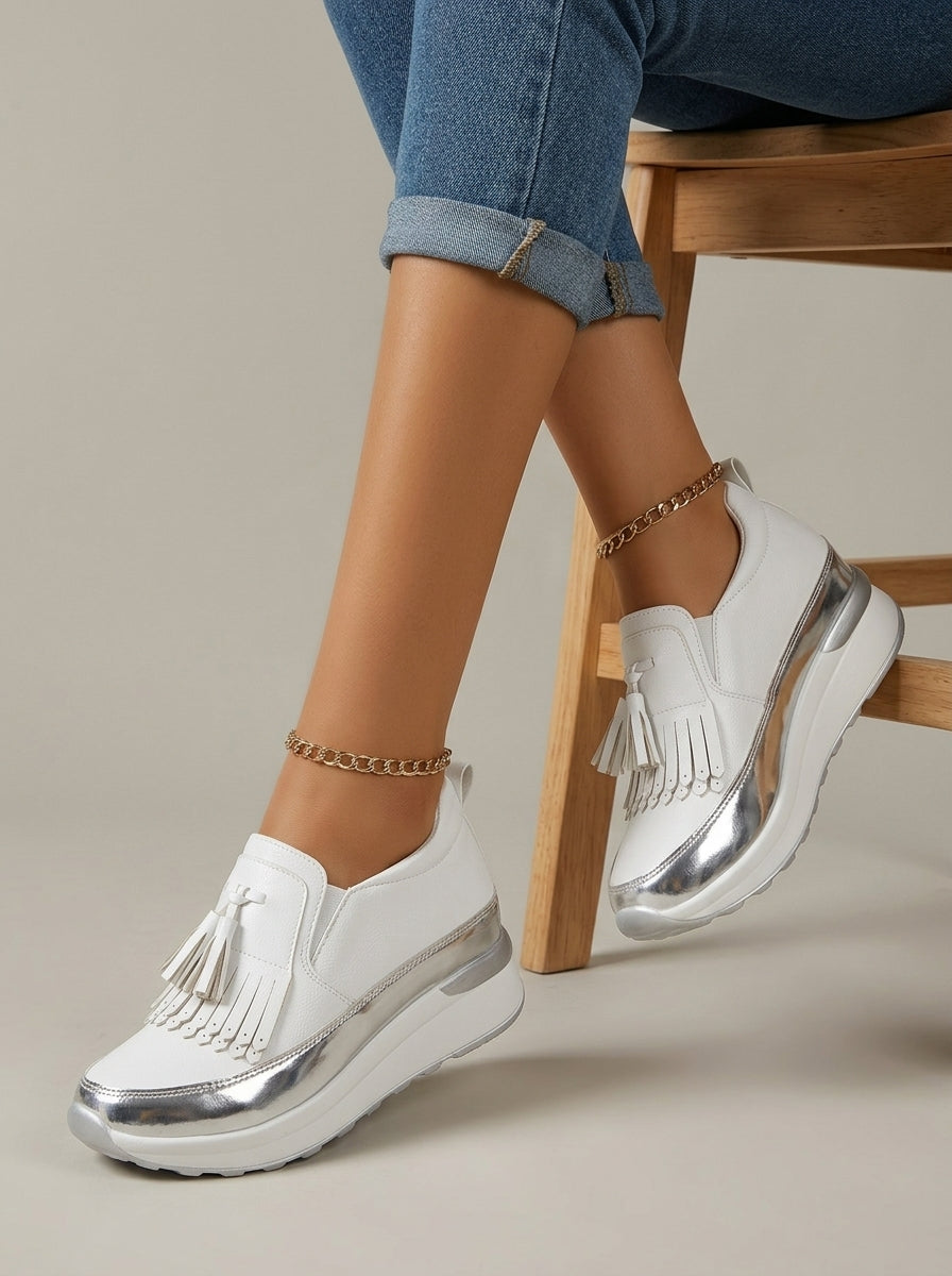 Women's Platform Slip-On Sneakers - Fringe Tassel Low-Top Athletic