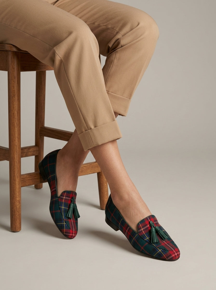 Women's Loafers Tartan Plaid Tassel Pointed Toe Penny Loafers