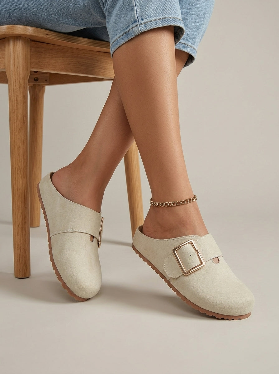 Women's Slip-On Mules Round Toe Buckle Strap Flat Sole